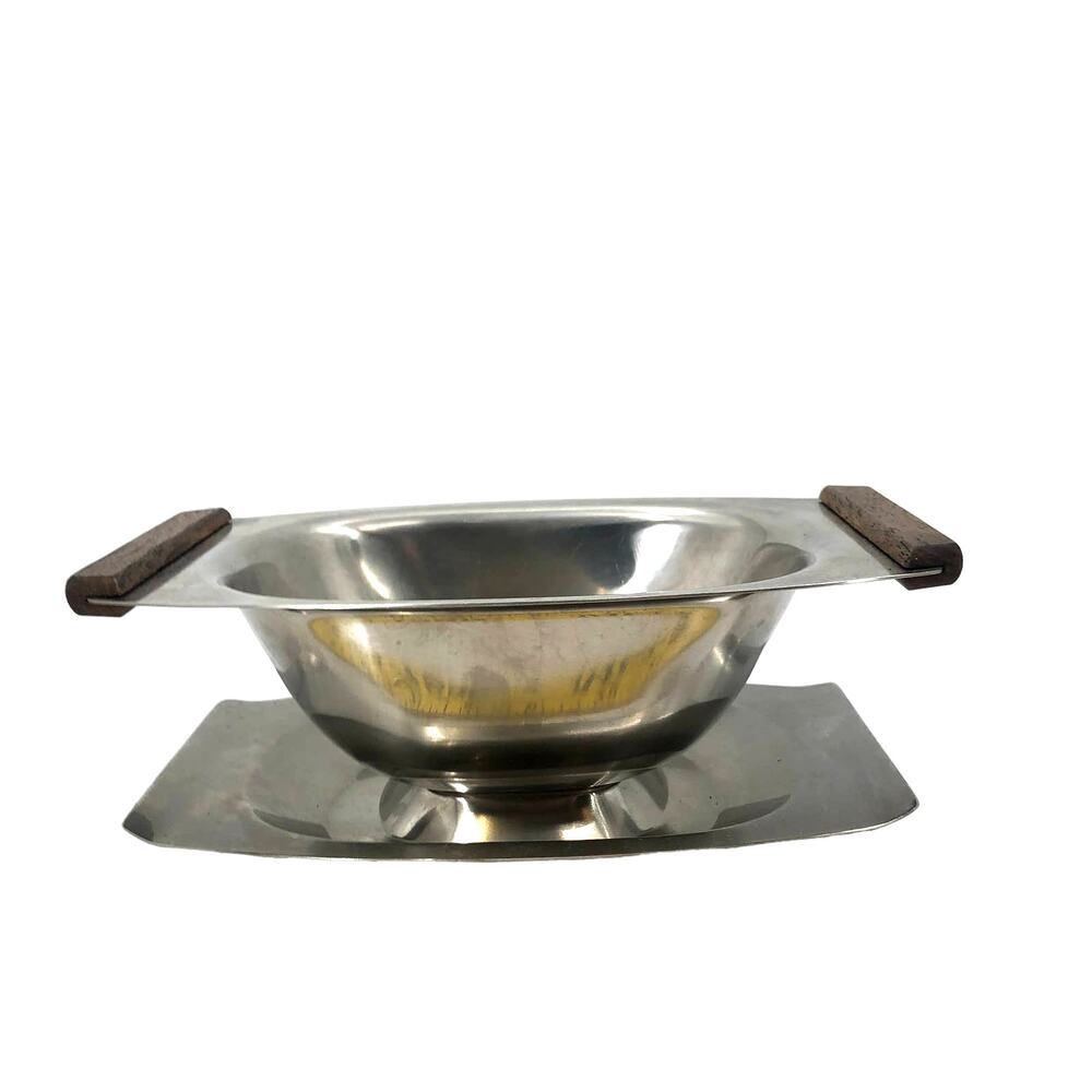 Danish One PIece Silver Tone Stainless Steel Wood Gravy Boat Midcentury Modern